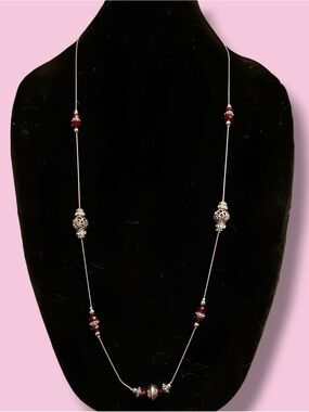 Scroll & Vine long silver tone station bead necklace